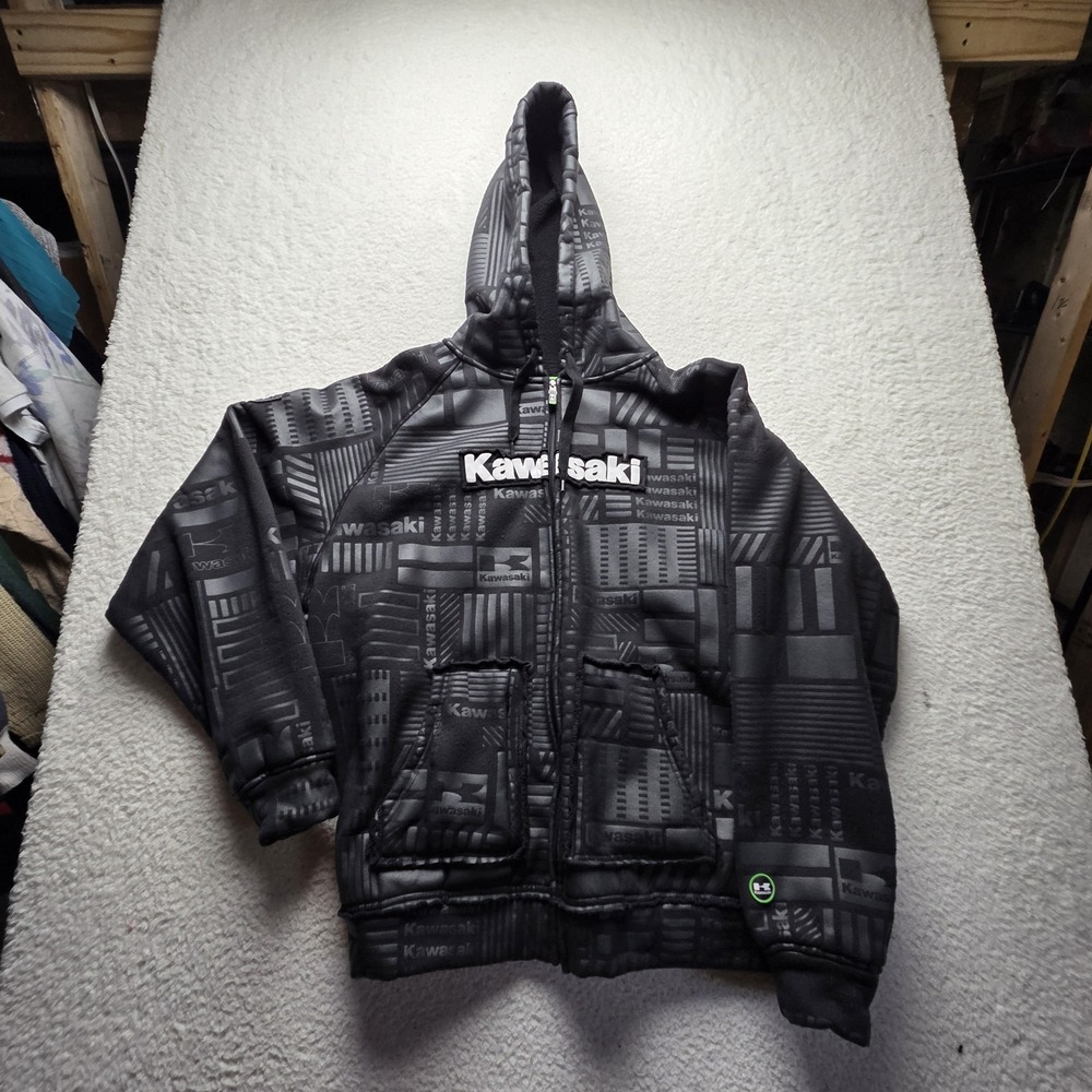 Kawasaki Hoodie Mens Large Black Fleece Lined Full Zip Graphic Motorcycle Logo